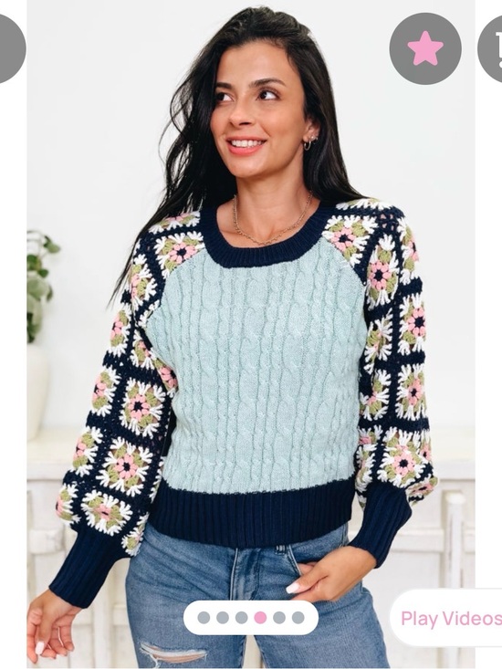 DAVI & DANI Sweaters - DAVI & DANI Navy and Light Blue Crochet Floral Sleeve Cable Knit Sweater